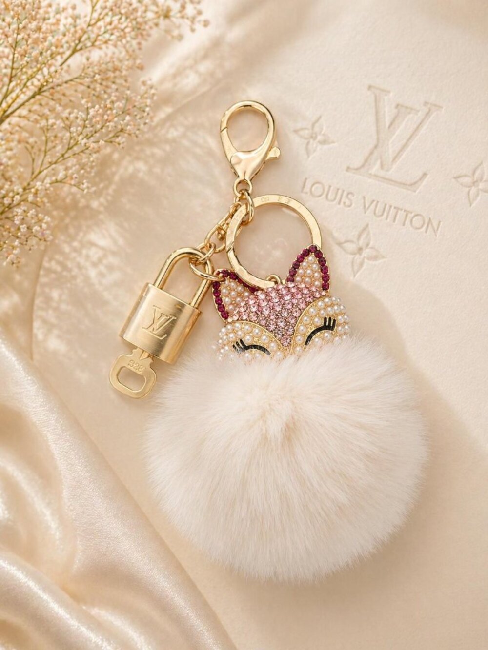 LV Authentic Gold Padlock 🔒 Key Set w/ Unbranded Fox Pom-pom Keychain Charm